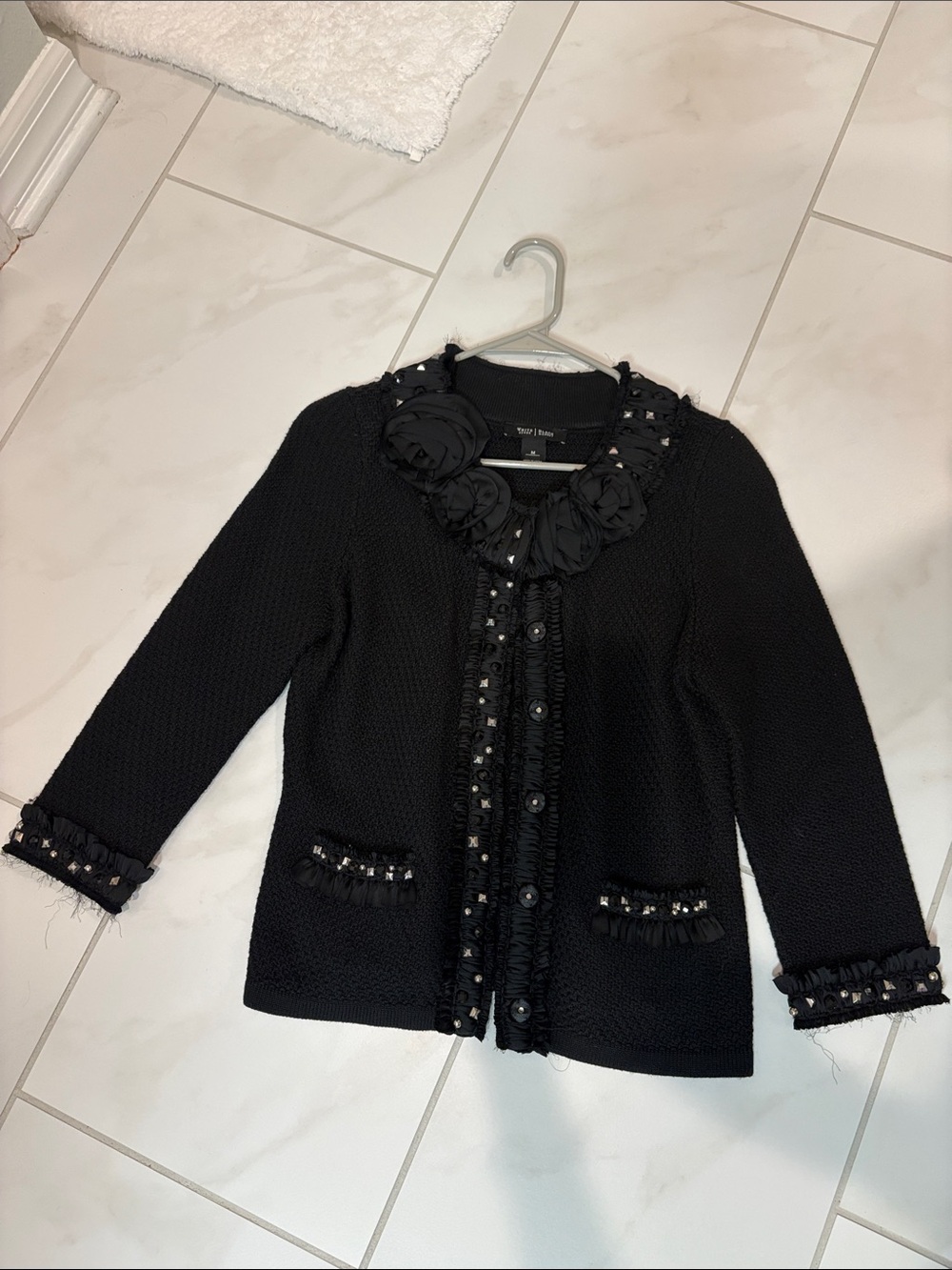 White House Black Market Black Embellished Floral Trim Jacket